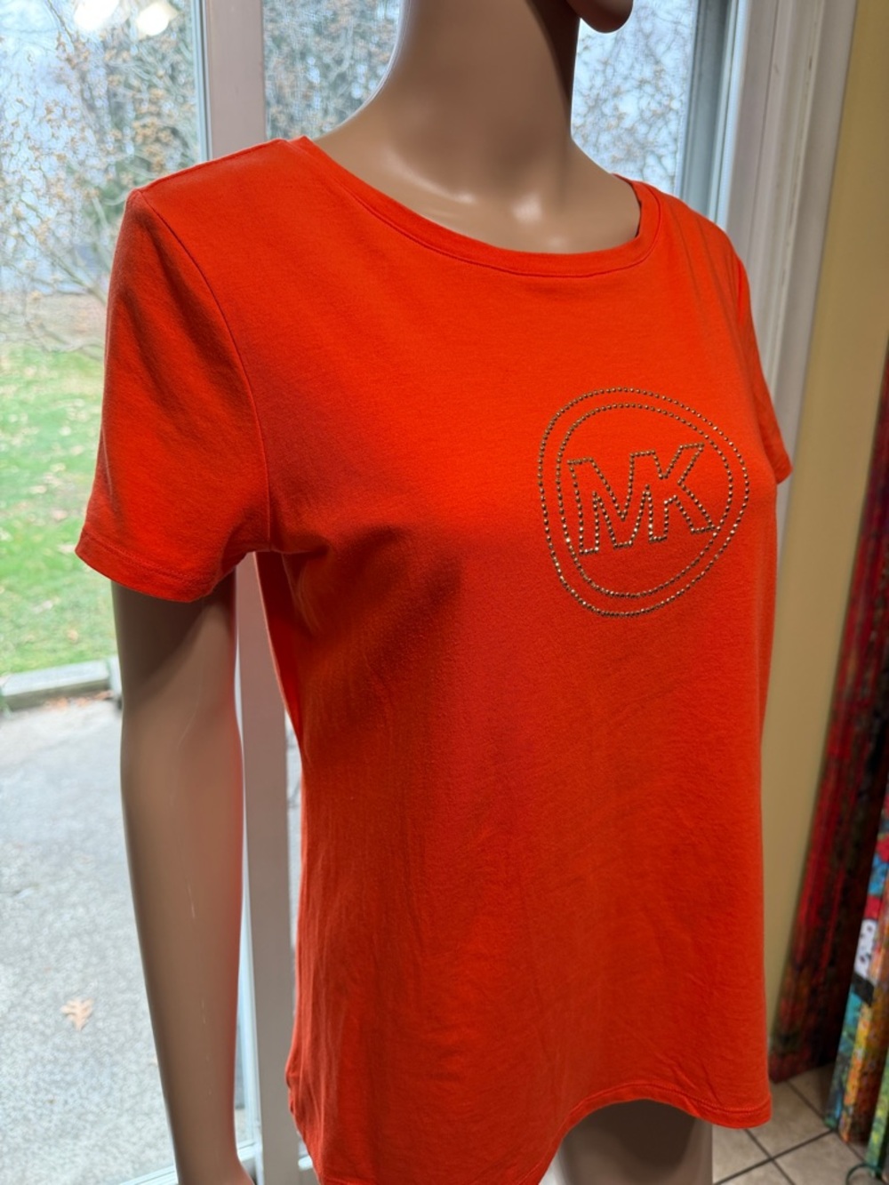Michael Kors Bright Orange Studded MK Logo Tee, Large - Picture 2 of 7